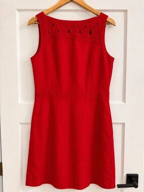 Banana Republic Red Sheath Dress Sz 8 Geometric Pleated Cutout Neckline